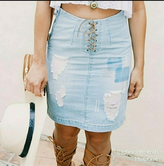 LACE UP SKIRT | BOHO SKIRT | JEAN SKIRT - Picture 1 of 9